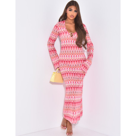 Robe longue en crochet multicolore à anneaux au col