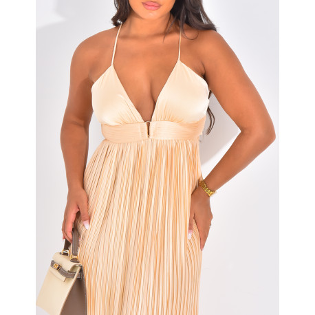 Robe longue plissée dos nu à nouer