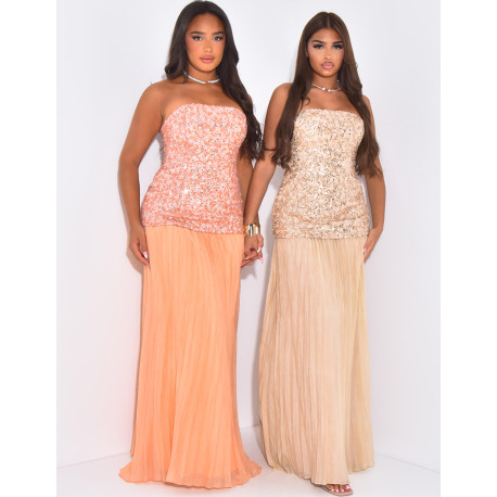 Pleated sequin strapless dress