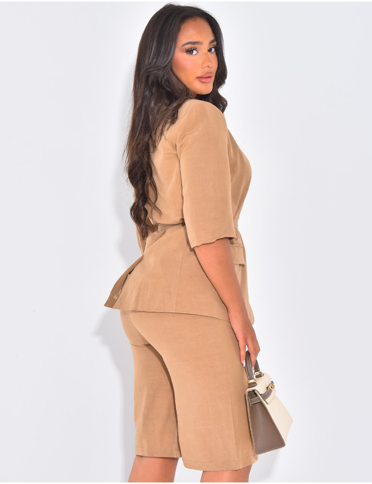 Short-sleeved blazer and Bermuda shorts set in peach-skin fabric