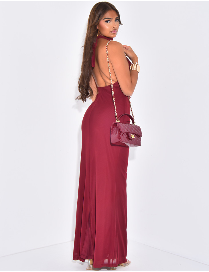 Langes Neckholder-Kleid aus gefüttertem Mesh mit Drapiereffekt.