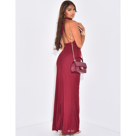 Langes Neckholder-Kleid aus gefüttertem Mesh mit Drapiereffekt.