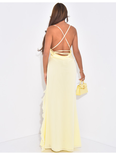 Robe longue en voile fendu à volants & fleurs