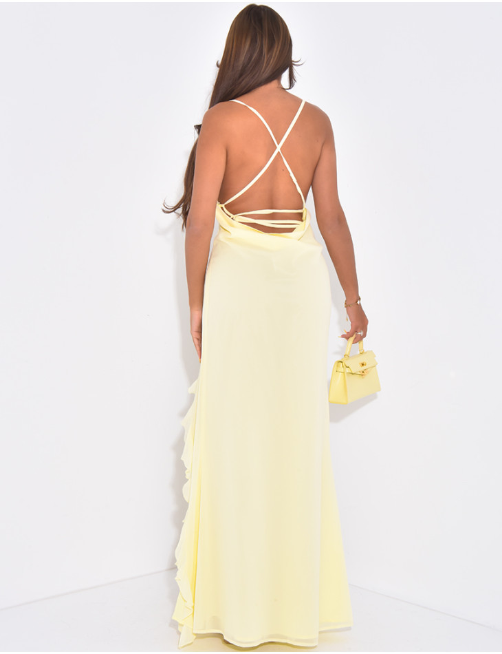 Robe longue en voile fendu à volants & fleurs