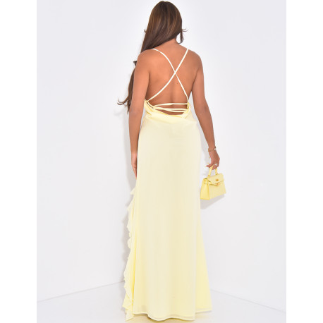 Robe longue en voile fendu à volants & fleurs