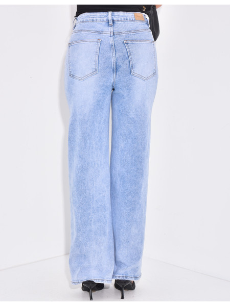 Jeans coupe droite délavé à boutonnière asymétrique