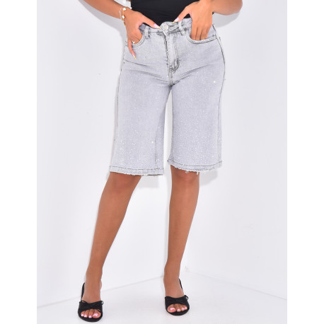 Denim Bermuda shorts with rhinestones