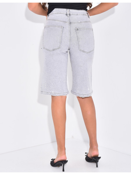 Denim Bermuda shorts with rhinestones