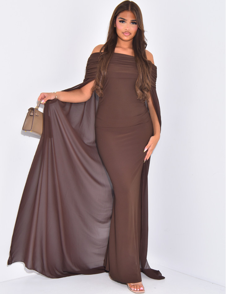 Off-the-shoulder dress with voile cape