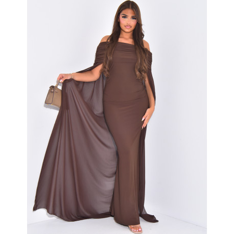 Off-the-shoulder dress with voile cape