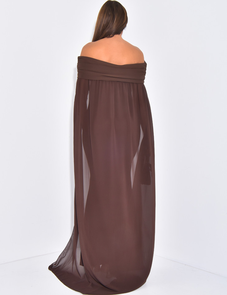 Off-the-shoulder dress with voile cape