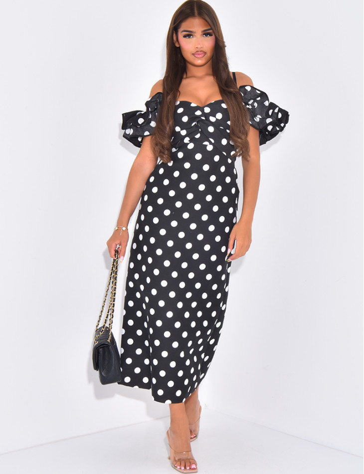 Robe longue col bardot à pois et volants