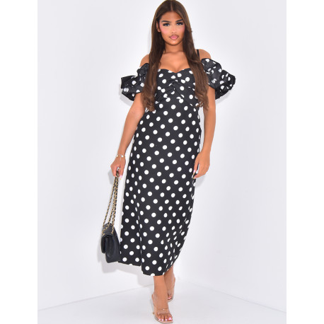 Robe longue col bardot à pois et volants