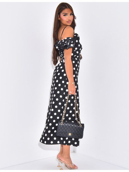 Robe longue col bardot à pois et volants