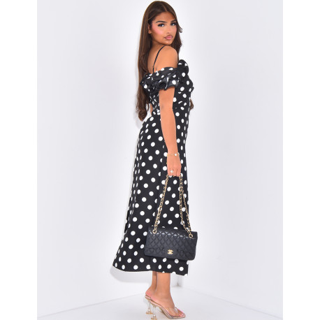 Robe longue col bardot à pois et volants