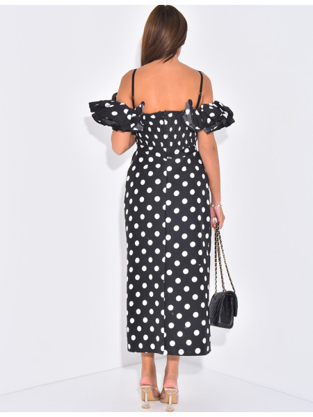 Robe longue col bardot à pois et volants