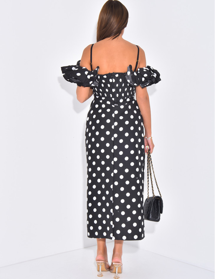 Robe longue col bardot à pois et volants
