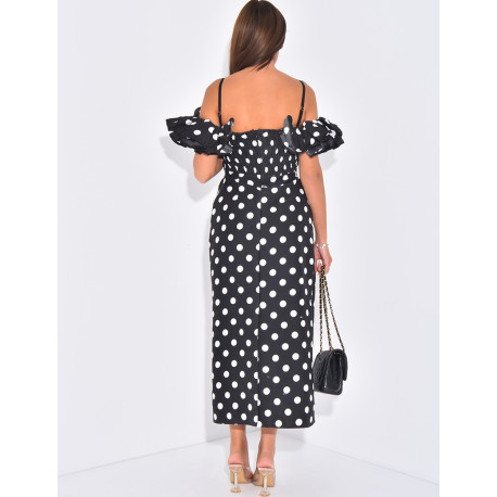 Robe longue col bardot à pois et volants