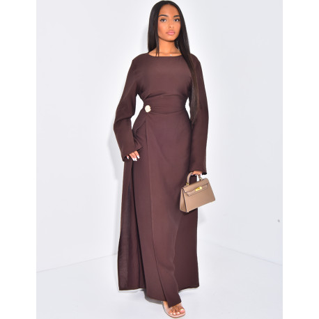 Robe longue effet lin fendue à broche dorée