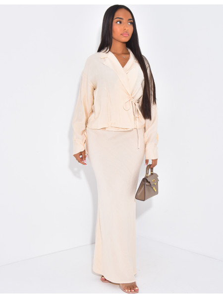 Set aus Wickelbluse zum Binden und langem Rock