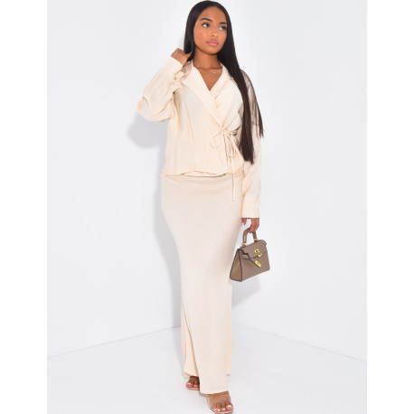 Ensemble blouse cache-coeur à nouer et jupe longue