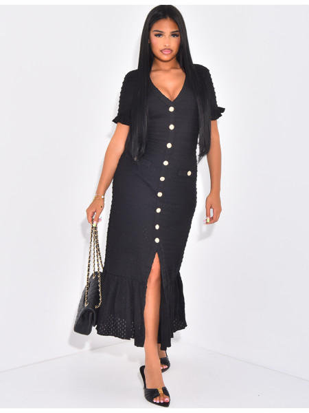 Robe longue texturée à boutons dorés et volants