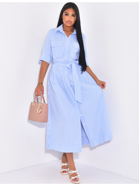 Striped long shirt dress with tie belt