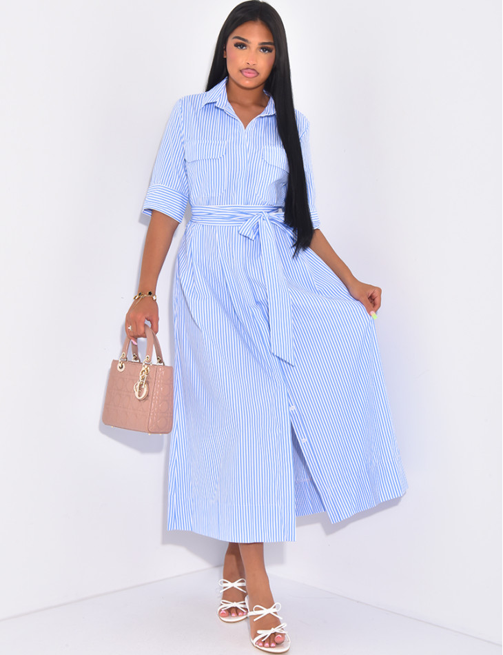 Striped long shirt dress with tie belt