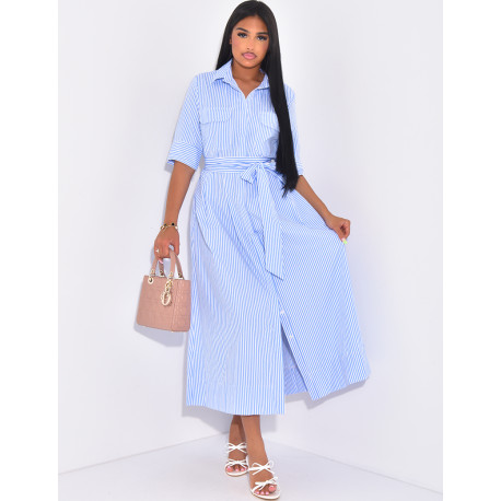 Striped long shirt dress with tie belt
