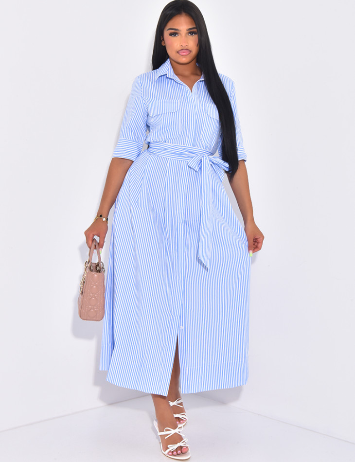 Striped long shirt dress with tie belt