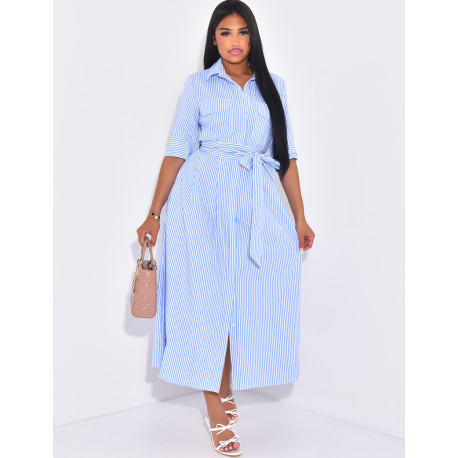 Striped long shirt dress with tie belt
