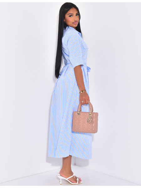 Striped long shirt dress with tie belt