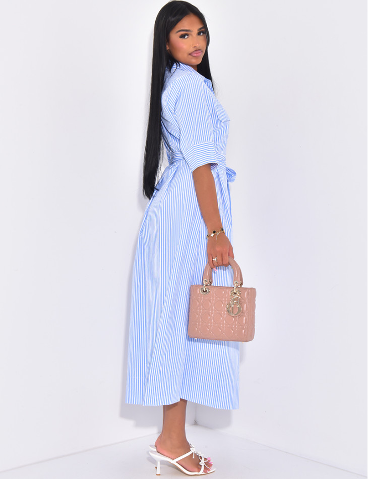Striped long shirt dress with tie belt