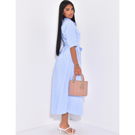 Striped long shirt dress with tie belt