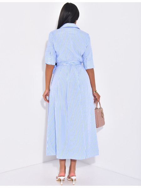 Striped long shirt dress with tie belt