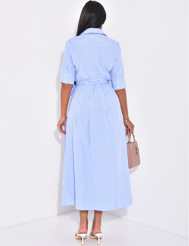 Striped long shirt dress with tie belt