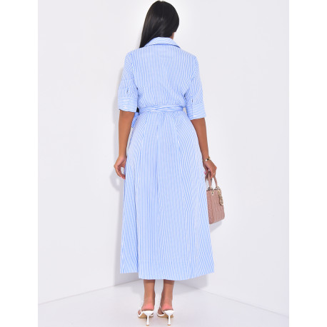 Striped long shirt dress with tie belt