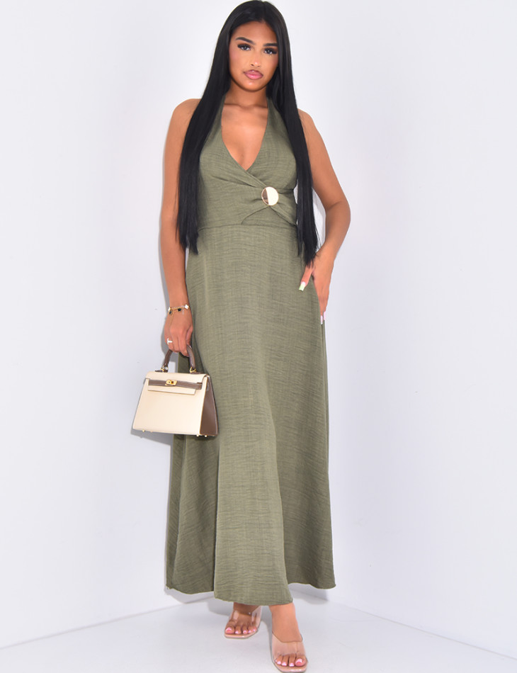 Linen-effect halter dress with gold trim