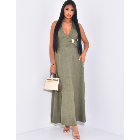 Linen-effect halter dress with gold trim