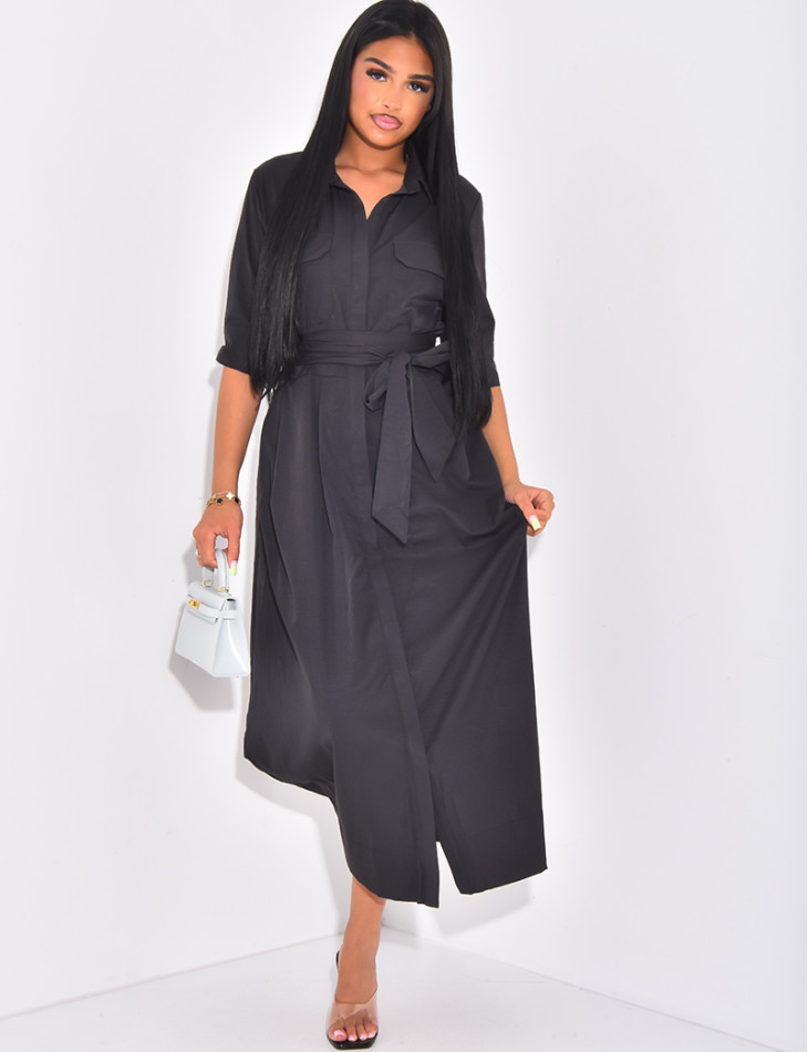 Long shirt dress with tie belt