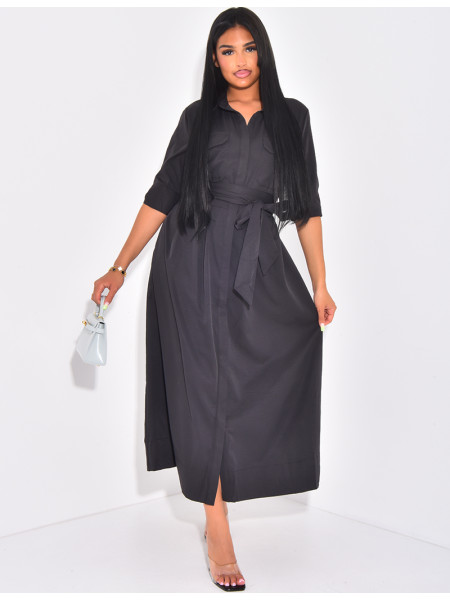 Long shirt dress with tie belt