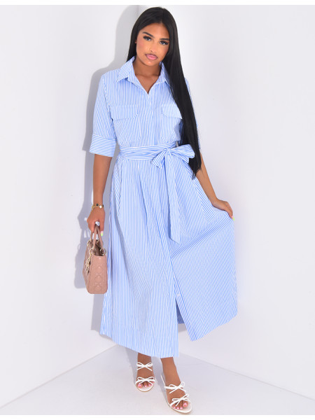 Striped long shirt dress with tie belt