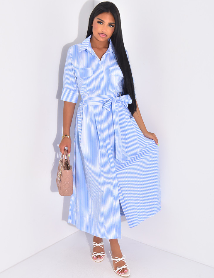 Striped long shirt dress with tie belt