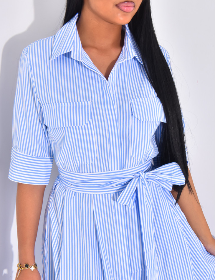 Striped long shirt dress with tie belt