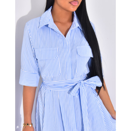 Striped long shirt dress with tie belt