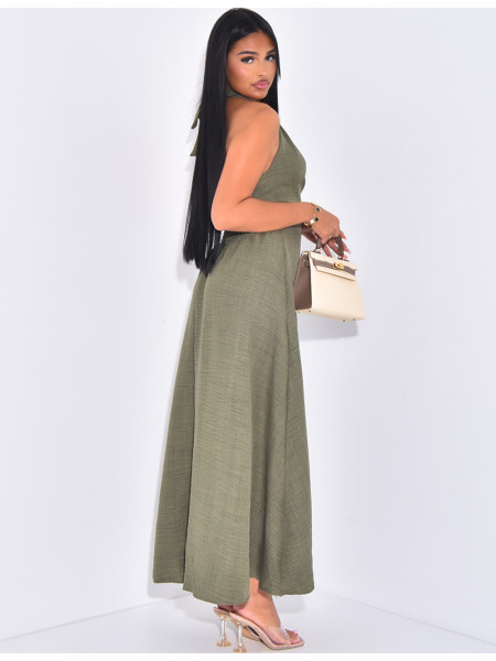 Linen-effect halter dress with gold trim