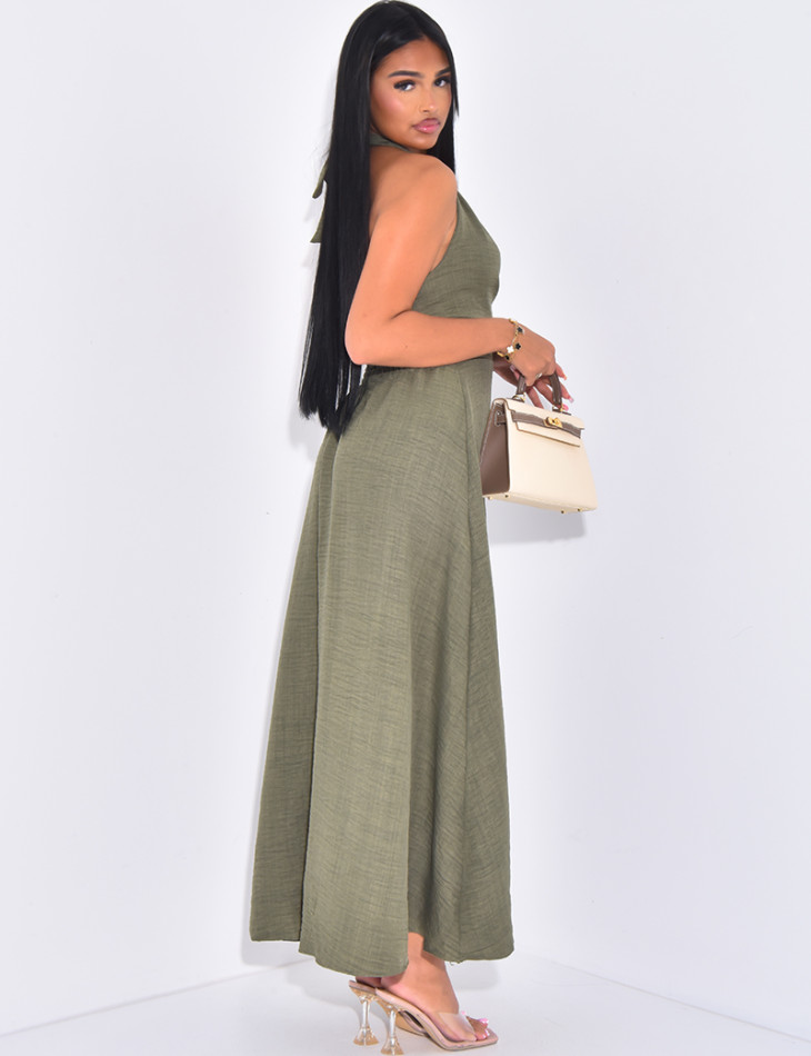 Linen-effect halter dress with gold trim