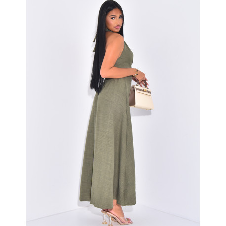 Linen-effect halter dress with gold trim