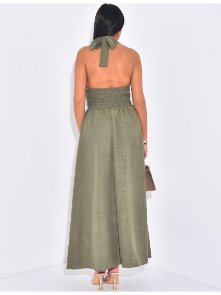 Linen-effect halter dress with gold trim