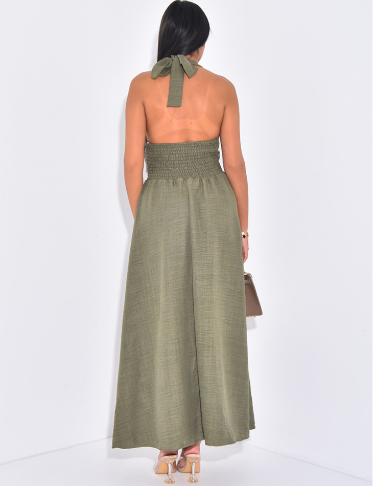 Linen-effect halter dress with gold trim